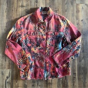 Chico's Design Women's Linen Blend Button Up Jacket Animal Print Artsy Size 1
